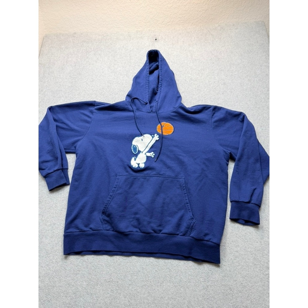 Peanuts Snoopy Basketball Hoodie Blue Embroidered Pullover Sweatshirt Mens XL